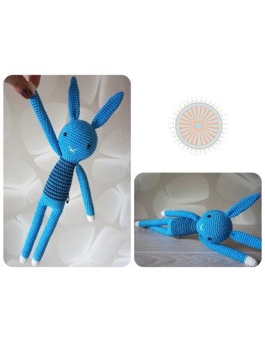 Ilgakojis mėlynas zuikutis - siūlinukas - nertas rankų darbo žaislas vaikams