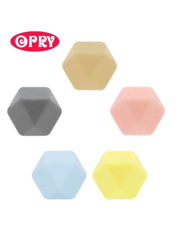 Silikoniniai spalvoti šešiakampiai karoliukai (5 vnt., 14/17 mm), kramtukas čiulptuko laikiklio gamybai (be BPA)