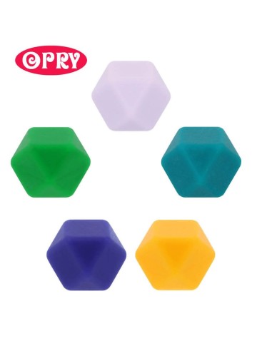 Silikoniniai spalvoti šešiakampiai karoliukai (5 vnt., 14/17 mm), kramtukas čiulptuko laikiklio gamybai (be BPA)